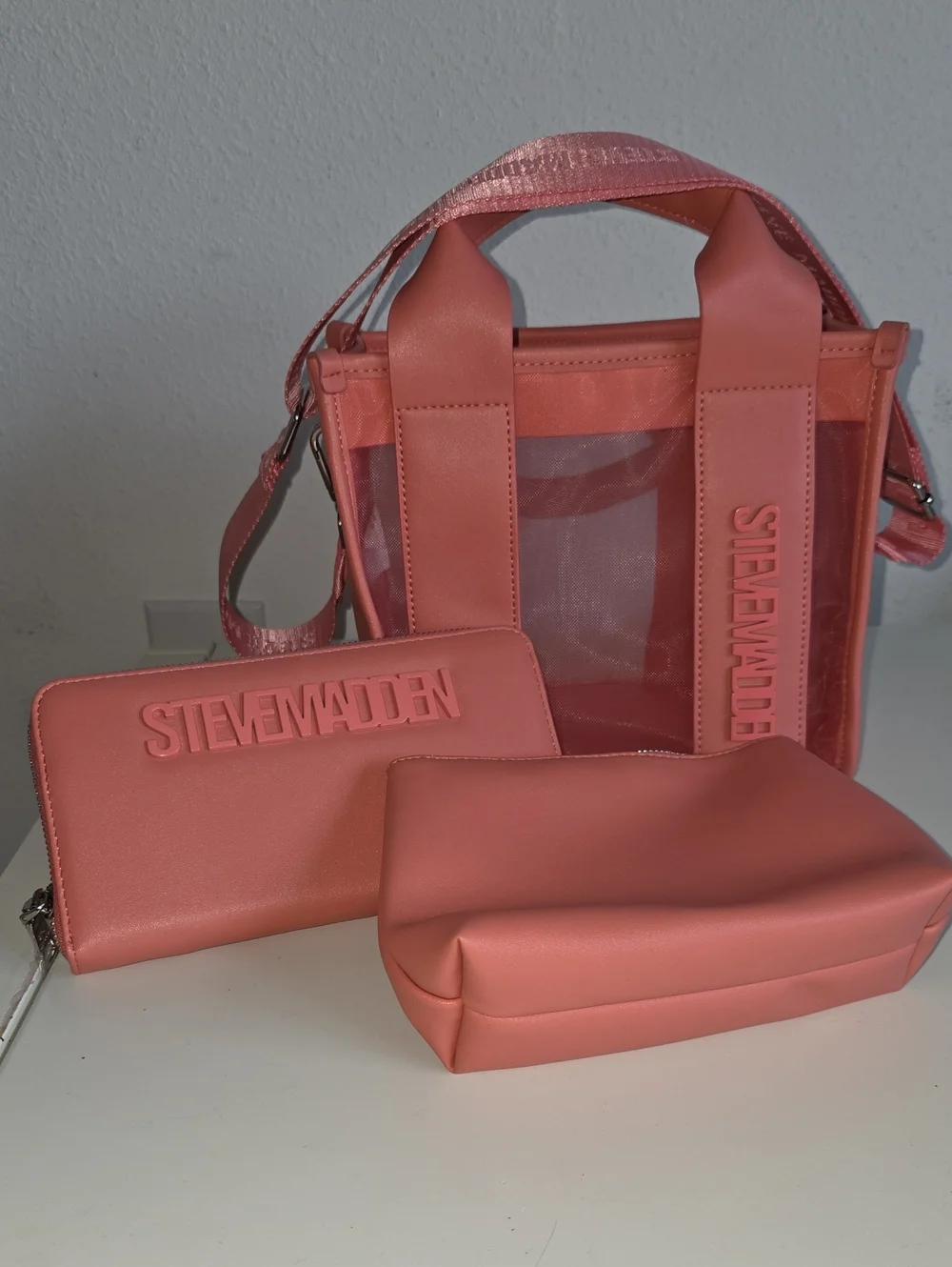 Steve Madden Coral-Peach Clear Tote Set with Wallet and Pouch